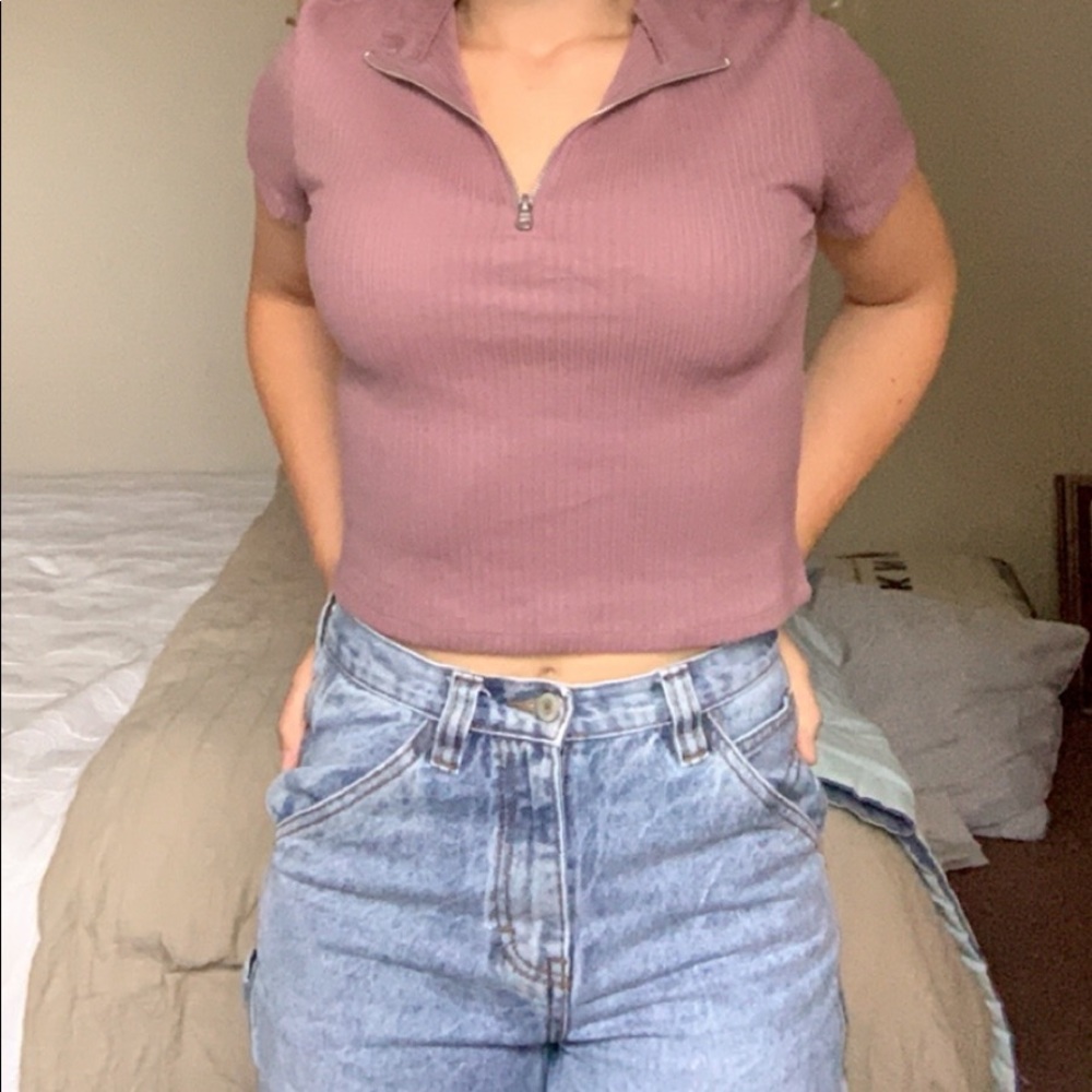 American Eagle Ribbed Quarter Zip Mauve Top